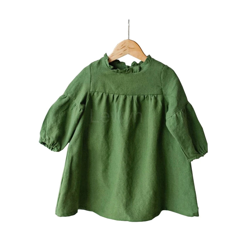 Spring Toddler Kids Baby Girls Solid Casual A-line Dress Solid Color Long Sleeve Party Ruffle Children Outfits Clothes