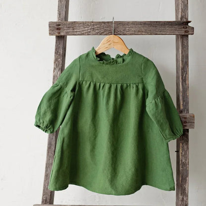 Autumn Toddler Kids Baby Girl Dress Pastoral Style Ruffles Long Sleeve Solid Cotton Linen Party Casual Dress Children's Clothes