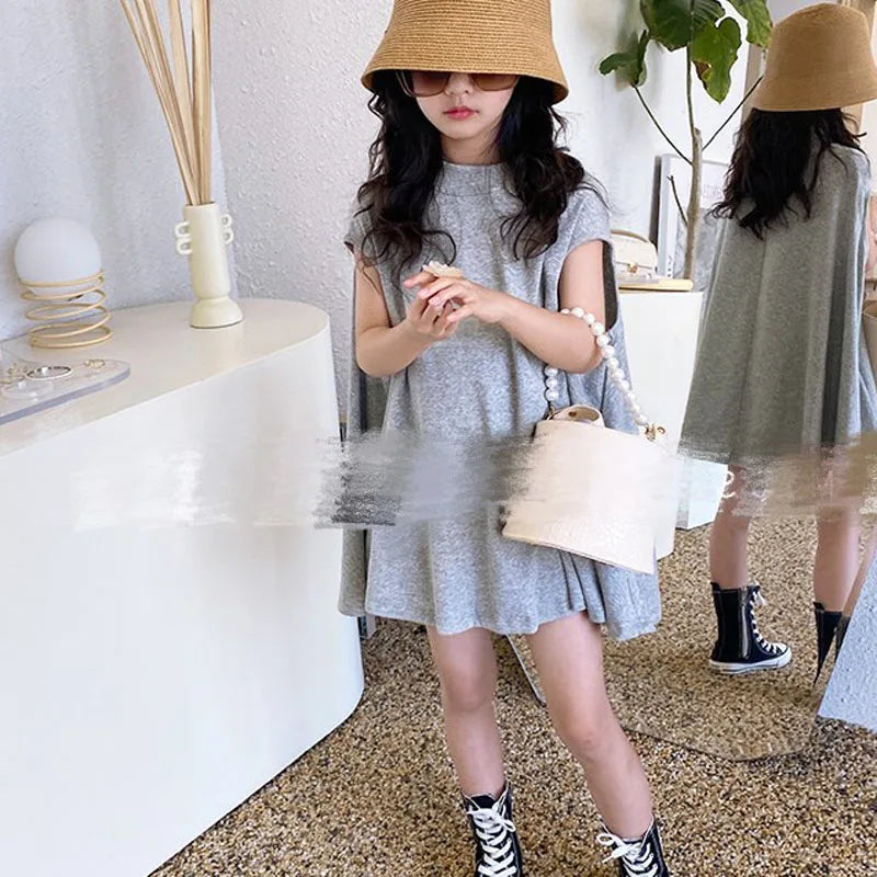 Summer Girls Dress European American Style Cloak Simple Loose Irregular Solid Color Long T-Shirt Dresss Kids Children'S Clothing