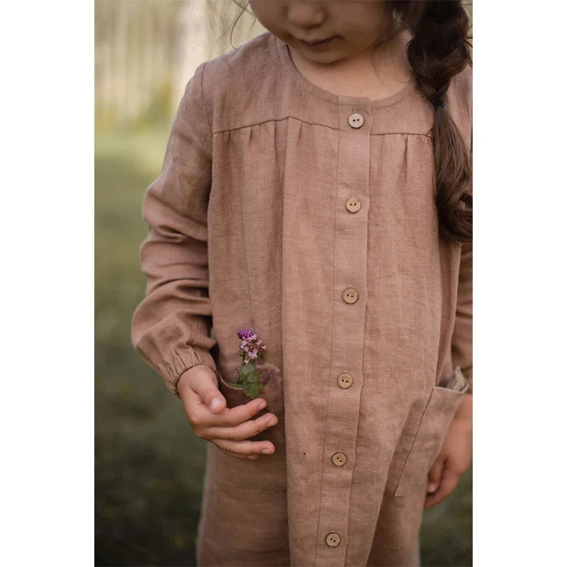 Girls Cotton And Linen Retro Long-Sleeve Dress 2022 Spring Autumn New Baby Girl Button Down Pocket Casual Linen Dresses TZ010