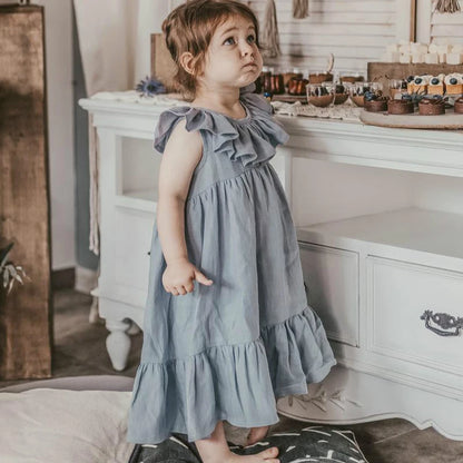 New Hot Sale Kid Baby Girls Summer Color Linen Sleeveless Dresses Ruffle Flutter Sleeve Tutu Children Dresses Kids Clothes Girls