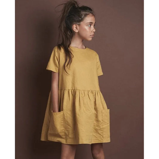 2021 Fashion Cotton Linen Summer Girl Dress Yellow Casual Short Sleeve Kids Holiday Dress With Pockets TZ20