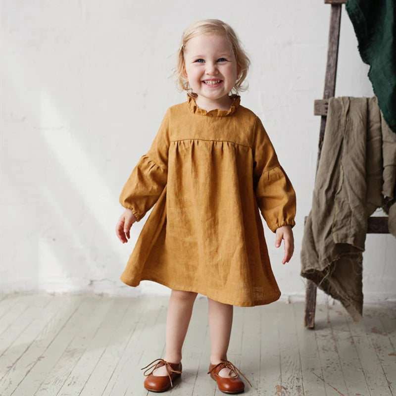 Autumn Toddler Kids Baby Girl Dress Pastoral Style Ruffles Long Sleeve Solid Cotton Linen Party Casual Dress Children's Clothes