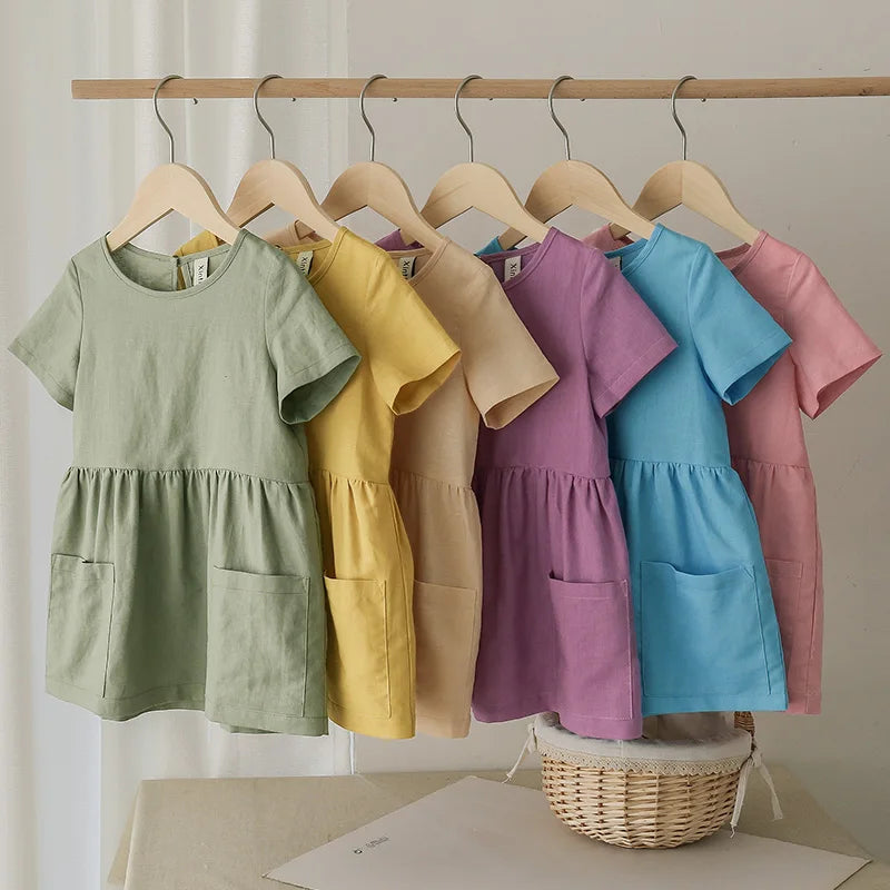 2021 Fashion Cotton Linen Summer Girl Dress Yellow Casual Short Sleeve Kids Holiday Dress With Pockets TZ20