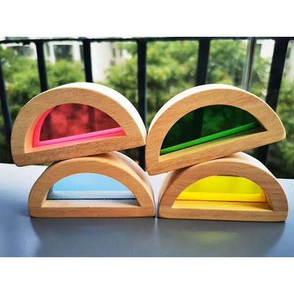 Kids Montessori Wooden Toy Sensory Rainbow Mirror Blocks Solid Rubber Wood Stacking Acrylic Building Stacker Educational Play