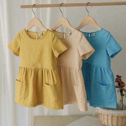 2021 Fashion Cotton Linen Summer Girl Dress Yellow Casual Short Sleeve Kids Holiday Dress With Pockets TZ20