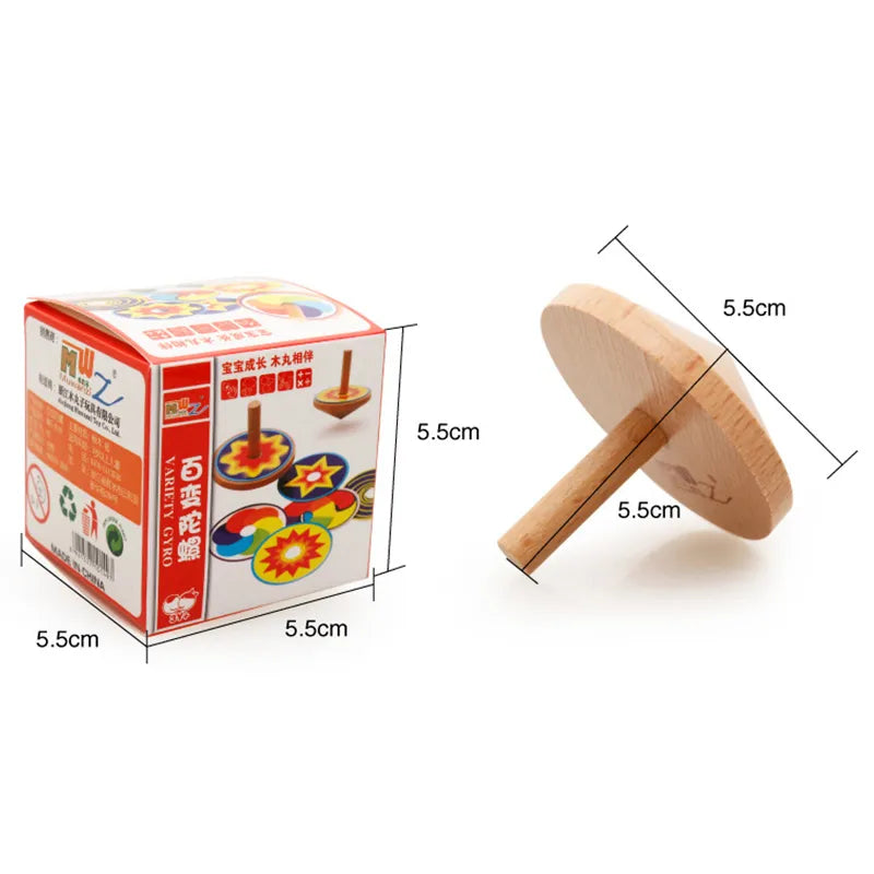 Kids Toy Wood Spinning Top Classic Toy Montessori Colorful 8 Drawing Card Sticker Early Educational Beech