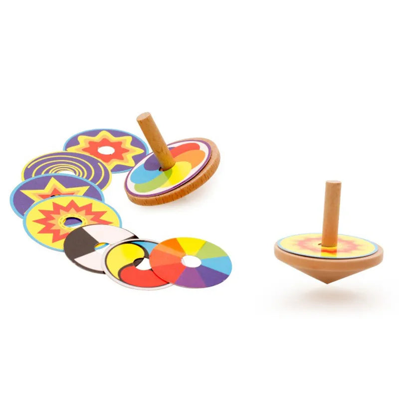 Kids Toy Wood Spinning Top Classic Toy Montessori Colorful 8 Drawing Card Sticker Early Educational Beech