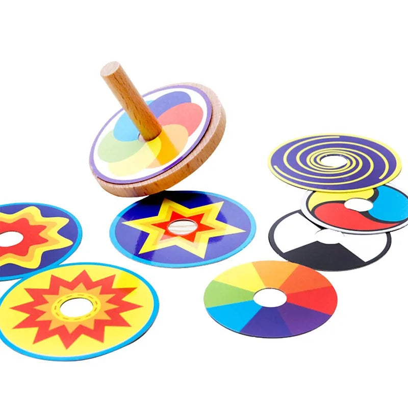 Kids Toy Wood Spinning Top Classic Toy Montessori Colorful 8 Drawing Card Sticker Early Educational Beech