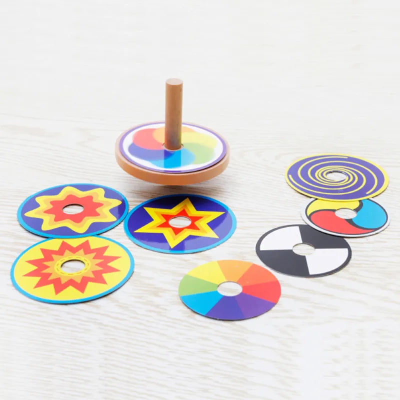 Kids Toy Wood Spinning Top Classic Toy Montessori Colorful 8 Drawing Card Sticker Early Educational Beech