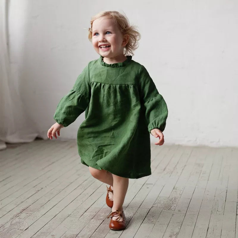 Autumn Toddler Kids Baby Girl Dress Pastoral Style Ruffles Long Sleeve Solid Cotton Linen Party Casual Dress Children's Clothes