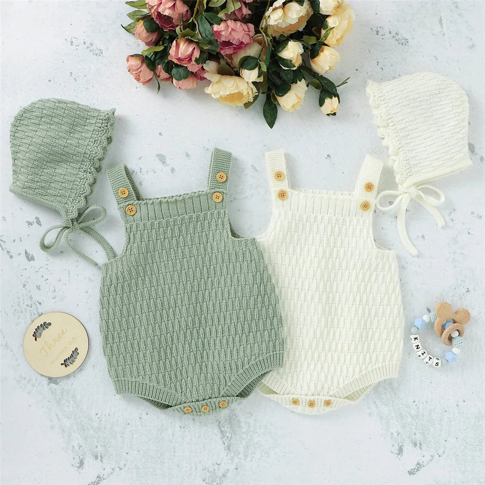 2Pcs Set Baby Knitted Romper Clothes Set Cotton Triangle Crotch Button One-Piece Jumpsuit+Hats Toddler Baby Boys Girls Outfits