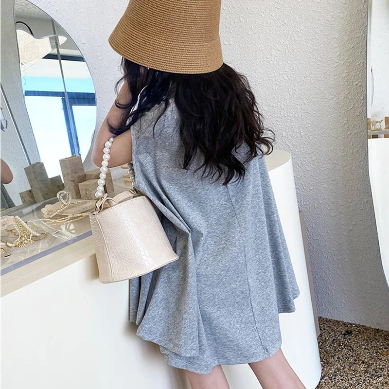 Summer Girls Dress European American Style Cloak Simple Loose Irregular Solid Color Long T-Shirt Dresss Kids Children'S Clothing