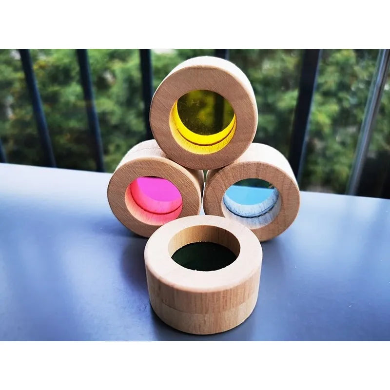 Kids Montessori Wooden Toy Sensory Rainbow Mirror Blocks Solid Rubber Wood Stacking Acrylic Building Stacker Educational Play