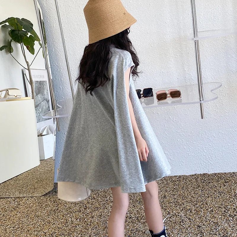 Summer Girls Dress European American Style Cloak Simple Loose Irregular Solid Color Long T-Shirt Dresss Kids Children'S Clothing