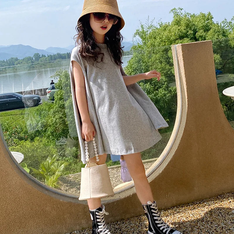 Summer Girls Dress European American Style Cloak Simple Loose Irregular Solid Color Long T-Shirt Dresss Kids Children'S Clothing