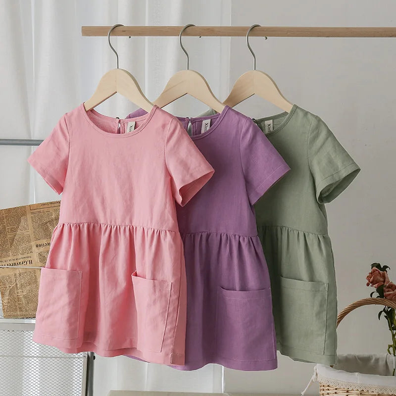 2021 Fashion Cotton Linen Summer Girl Dress Yellow Casual Short Sleeve Kids Holiday Dress With Pockets TZ20