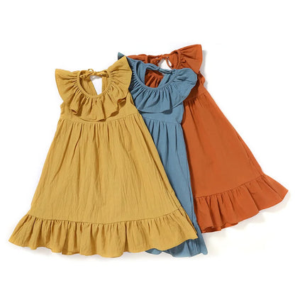 New Hot Sale Kid Baby Girls Summer Color Linen Sleeveless Dresses Ruffle Flutter Sleeve Tutu Children Dresses Kids Clothes Girls