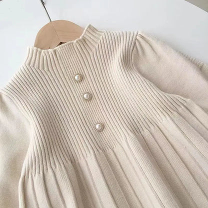 Girls Bubble Sleeve Woolen Dress Autumn And Winter Fashionable Red Princess Pleated Dress Little Fragrant Baby Knitted Dress