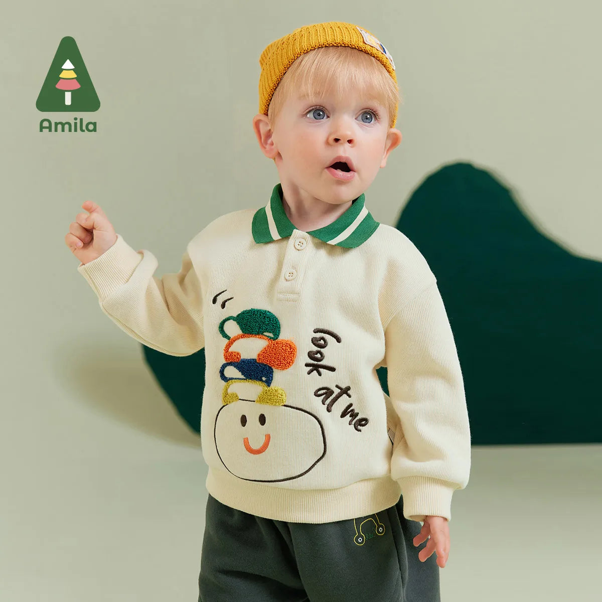 Amila Baby Boy Hoodie 2023 Winter New Multicolour Polo Collar Soft Cartoon Pattern Towel Embroidery   Baby Clothing