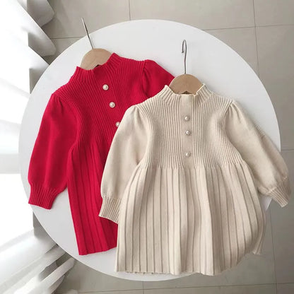 Girls Bubble Sleeve Woolen Dress Autumn And Winter Fashionable Red Princess Pleated Dress Little Fragrant Baby Knitted Dress