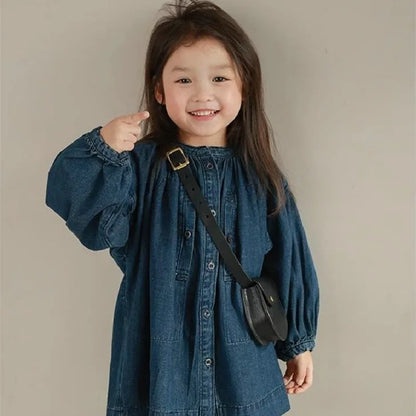 Children Clothing Girls Denim Dress Stand Collar Single Breasted Washed Cotton 2023 Spring and Autumn New Fashionable Dress