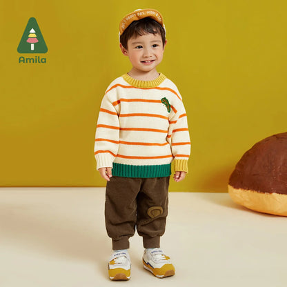 Amila Baby Boy Girl Versatile Pants 2023 Autumn New Side  Splicing 100% Cotton Cartoon Fashion Casual Trousers Children's Clothe