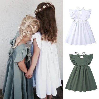 0-6Y Toddler Kids Baby Girl Dress Ruffles Sleeve Princess Dress Solid Cotton Linen Casual Dress for Party Flower Girl Clothes