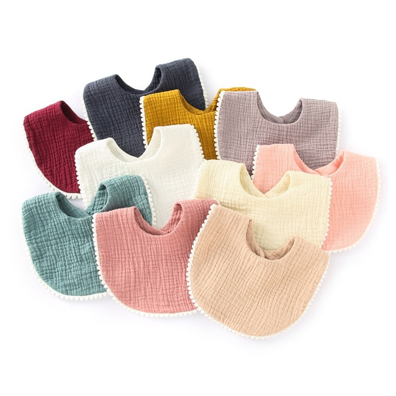 1pc Solid Colour Cotton Gauze Baby Bibs Ruffle Lace Infant Newborn Feeding Burp Cloth Saliva Towel Adjustable Bandana Drool Bibs