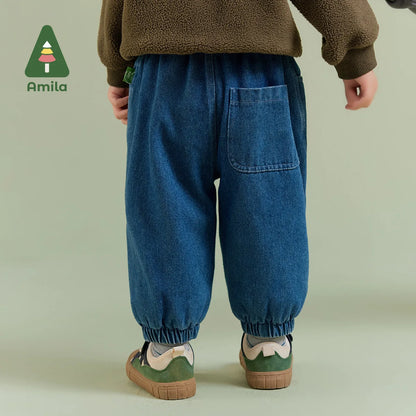 Amila Baby Boy Jeans 2023 Winter New Multicolour Fleecing Reactive Printing Fashion Warm   Baby Clothing