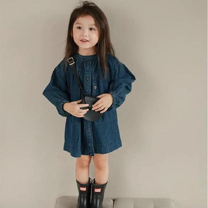 Children Clothing Girls Denim Dress Stand Collar Single Breasted Washed Cotton 2023 Spring and Autumn New Fashionable Dress