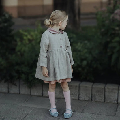 Kids Girls Clothes Trench Coat 2023 Autumn New Cotton and Linen Long Contrast Ruffled Cardigan Girls Trench Coat