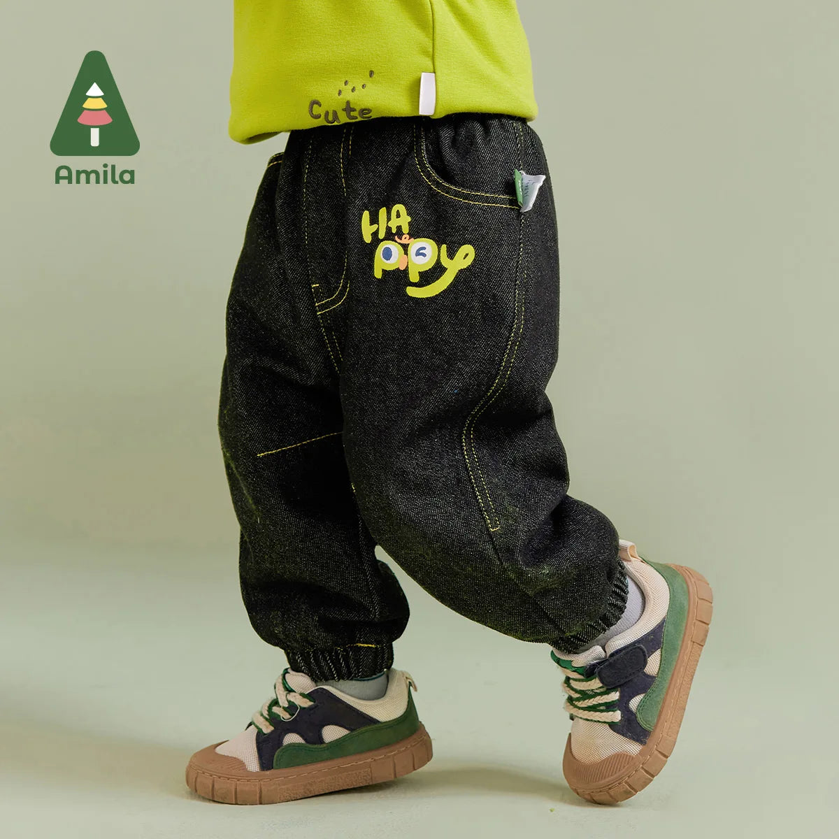 Amila Baby Boy Jeans 2023 Winter New Multicolour Fleecing Reactive Printing Fashion Warm   Baby Clothing