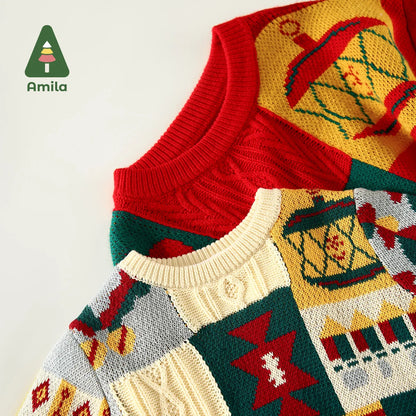 Amila Baby's Sweater 2022 Winter New Boys And Girls Jacquard Twisting Technology Original Checkered Color Block Pattern Sweaters