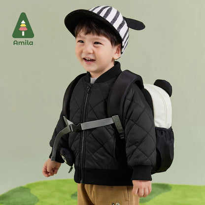 Amila Baby Boy Coat 2023 Winter New Multicolour Detachable Bear Doll Cotton Coat Cartoon Pattern Parsnip   Baby Clothing