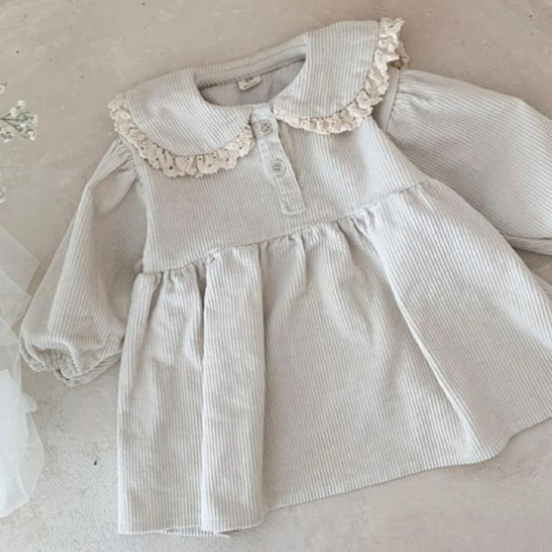 Baby Girl Corduroy Princess Dress Solid Lace Long Sleeve Dress Spring Autumn Children Retro Casual Loose Dresses Kids Outfits