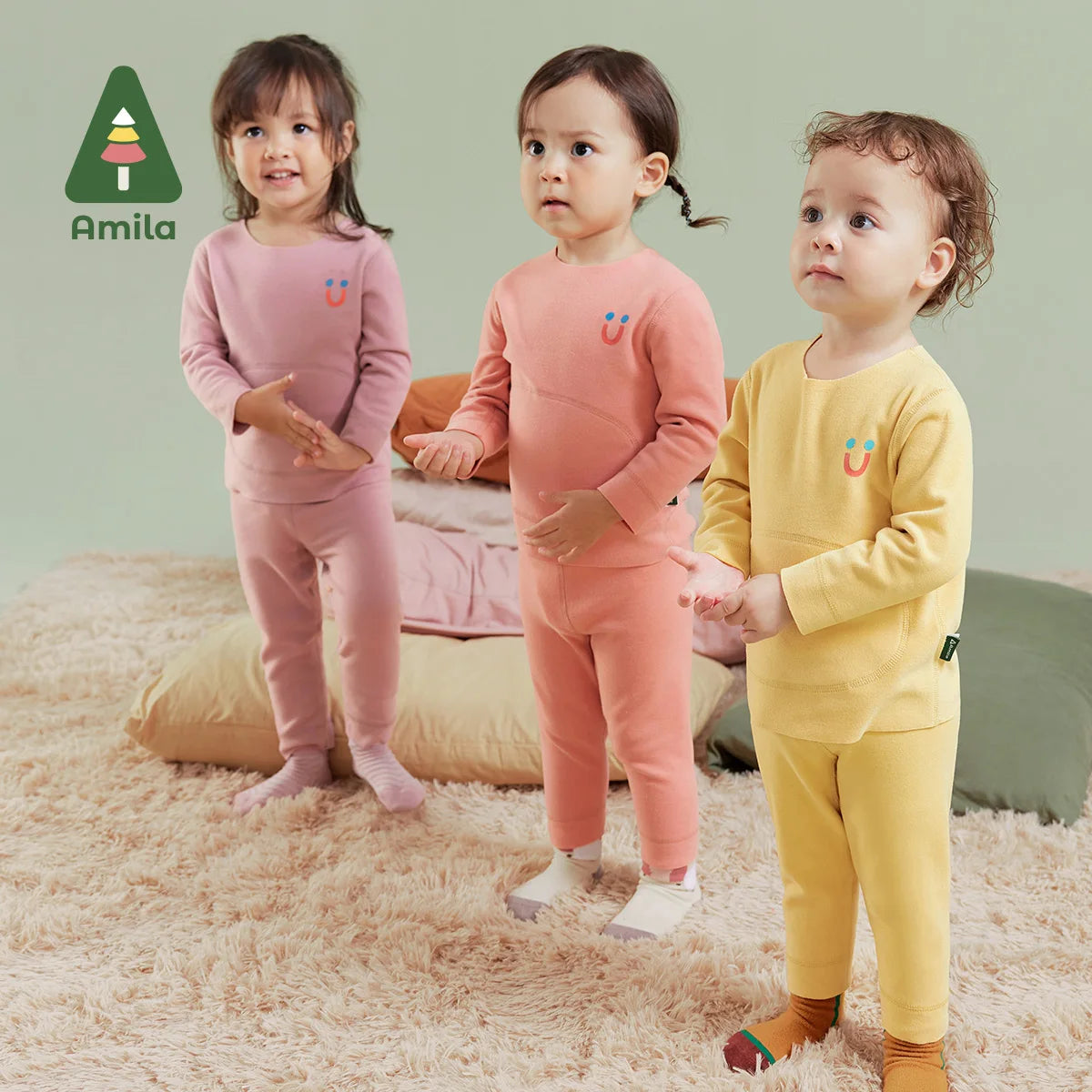 Amila Baby Children Underwear Set 2023 Winter New Multicolour Round Neck Fleecing Soft Warm   Baby Clothing