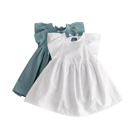 Baby Clothes Summer Children Girls Skirt Cotton And Linen Solid Color Flying Sleeve Lace-Up Girls' Dress Summer Princess Skirt