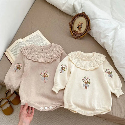 Autumn New Newborn Knitting Romper Girls Lotus Collar Bodysuit Baby Embroider Jumpsuit Kids Long Sleeve Infant Loose Clothes