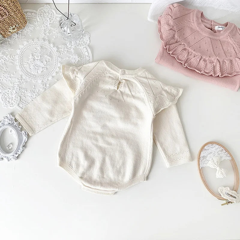 Autumn Spring Baby Girl Clothing Newborn Baby Girls Bodysuits Long Sleeved Solid Color Knitting Infant Baby Girls Jumpsuit