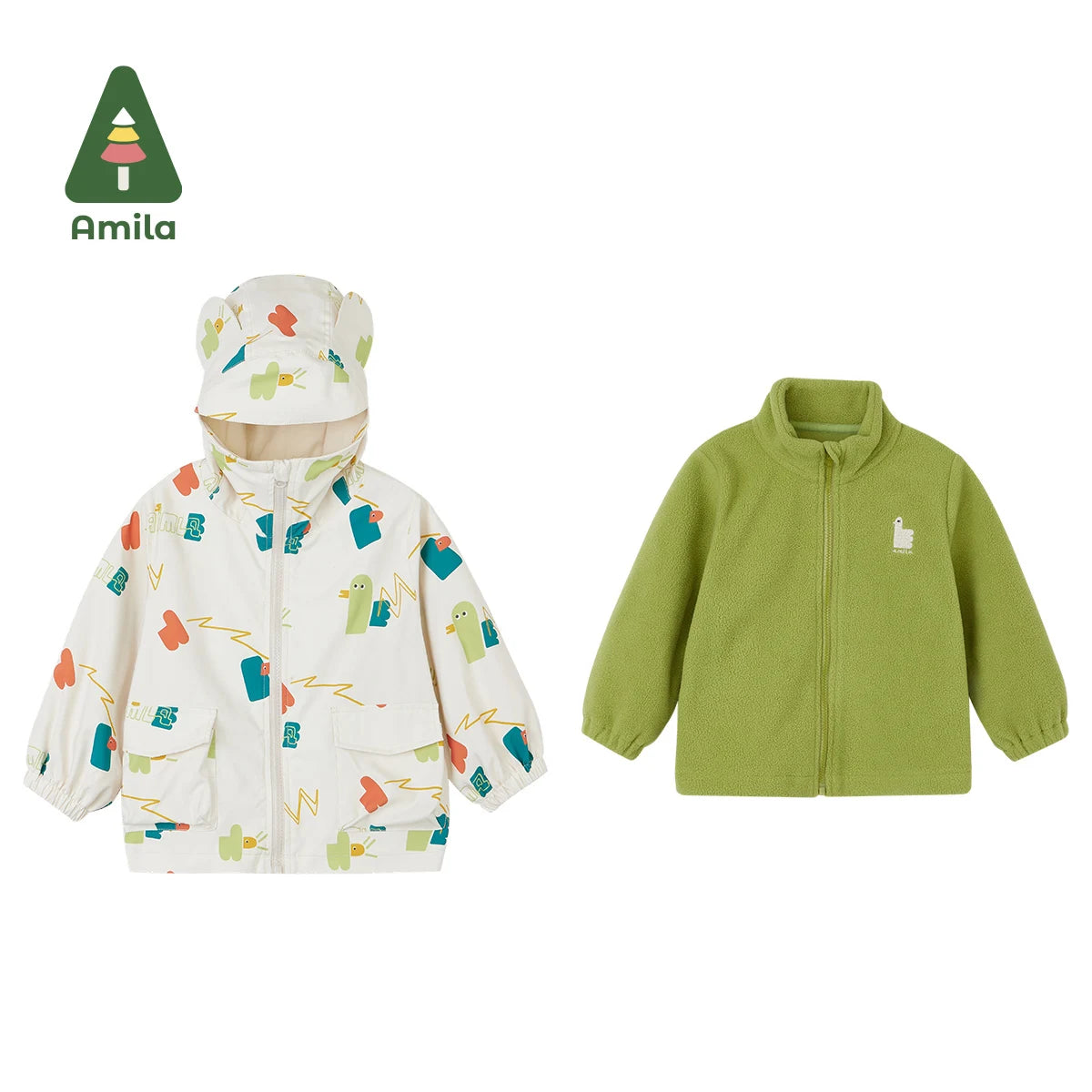 Amila Baby Coat 2022 Autumn New Full Print Cute Ear Jacket+Inner Bladder Two-piece Girls and Boys Warm Outerwear Kid's Clothes