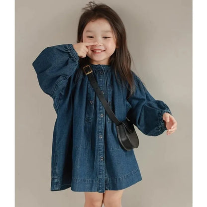 Children Clothing Girls Denim Dress Stand Collar Single Breasted Washed Cotton 2023 Spring and Autumn New Fashionable Dress