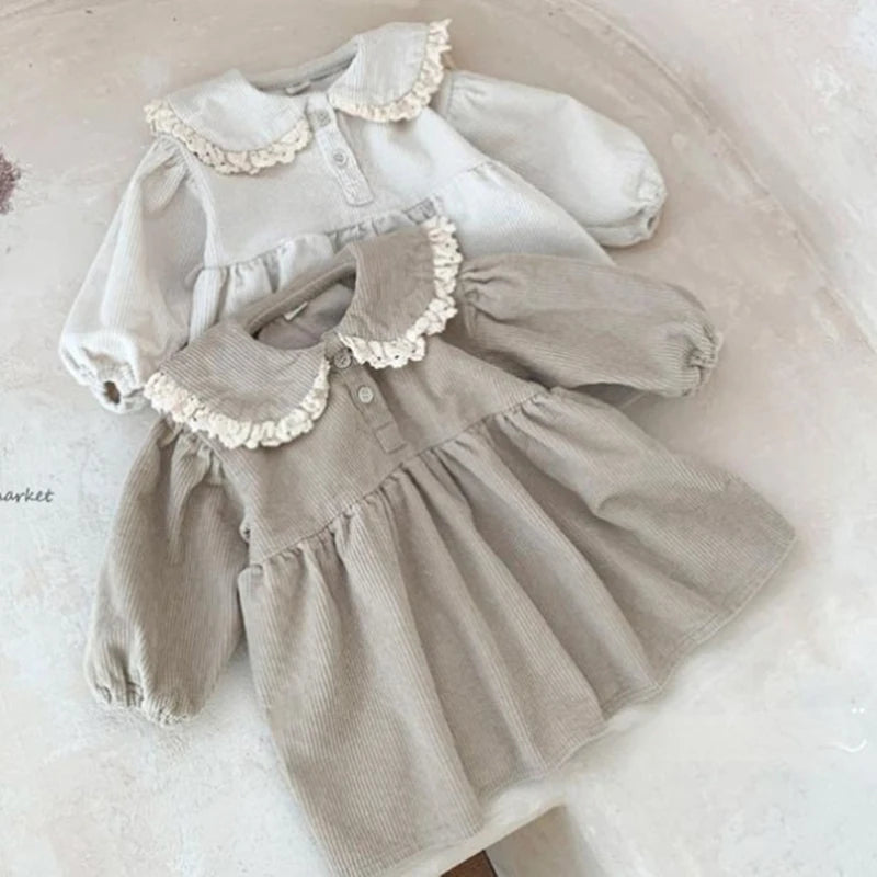 Baby Girl Corduroy Princess Dress Solid Lace Long Sleeve Dress Spring Autumn Children Retro Casual Loose Dresses Kids Outfits