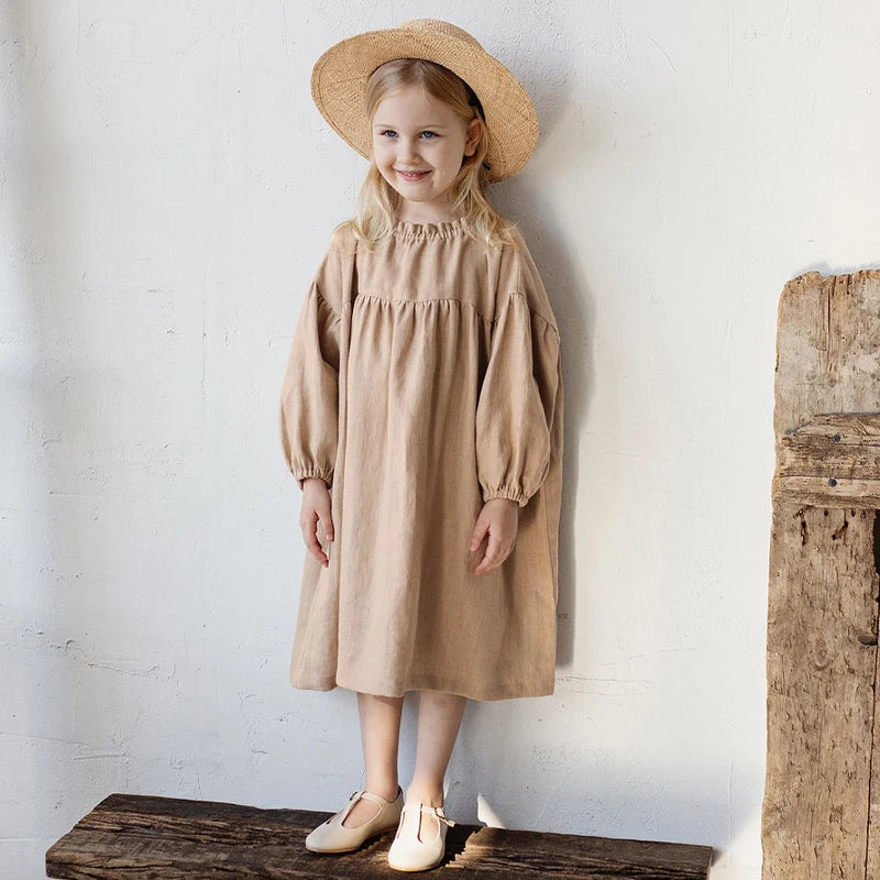 Pastoral Retro Long-Sleeve Girls Cotton And Linen Dress Autumn New Baby Girl Casual Loose Lantern Sleeve Princess Dresses TZ150