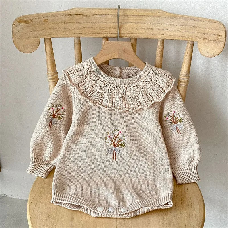 Autumn New Newborn Knitting Romper Girls Lotus Collar Bodysuit Baby Embroider Jumpsuit Kids Long Sleeve Infant Loose Clothes