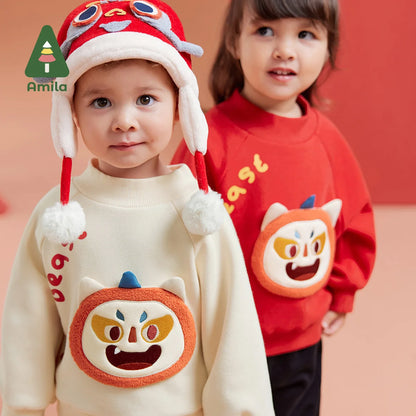 Amila Baby Children Hoodie 2023 Winter New Multicolour Mock turtleneck Fleecing Cute Warm   Baby Clothing