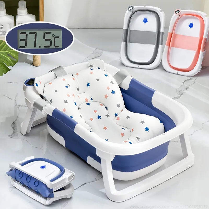 Folding Baby Bath Tub Portable Baby Shower Tubs With Temperature Sensing  Non-slip Cushion Newborn Bathtub Safe Kids Bathtub New