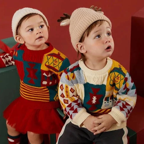 Amila Baby's Sweater 2022 Winter New Boys And Girls Jacquard Twisting Technology Original Checkered Color Block Pattern Sweaters