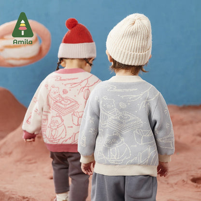 Amila Baby's Sweater 2022 Winter New Cute Cartoon Print Knit Boys and Girls Casual Sweaters Anti-Cold Jacket Creative Clothes