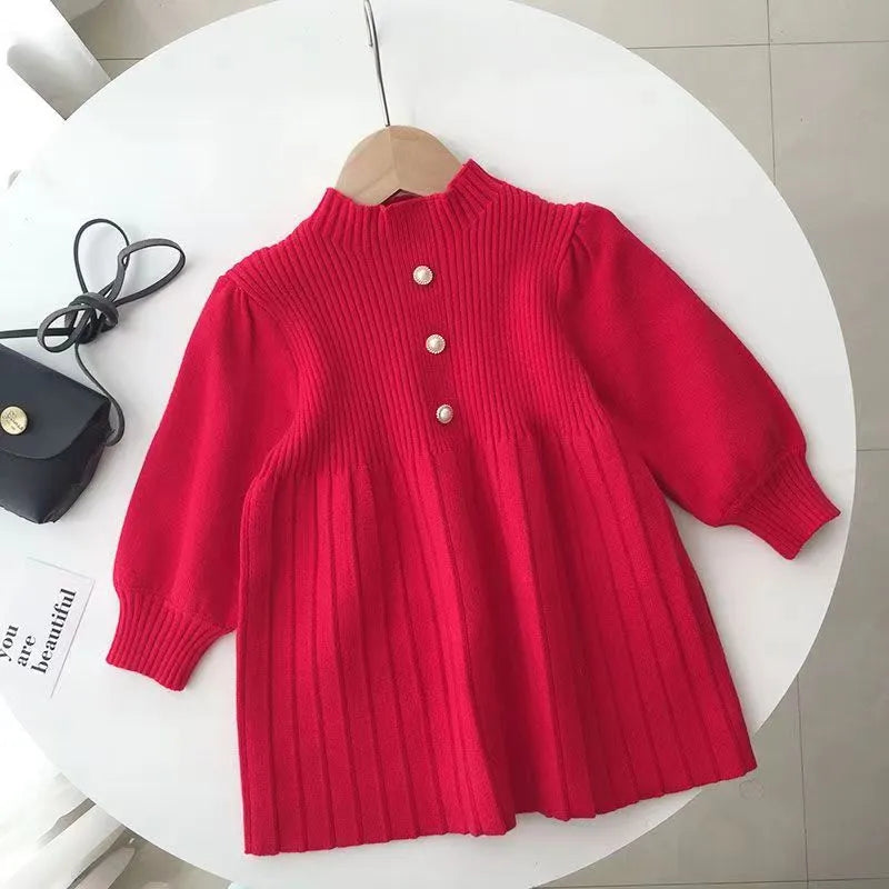 Girls Bubble Sleeve Woolen Dress Autumn And Winter Fashionable Red Princess Pleated Dress Little Fragrant Baby Knitted Dress